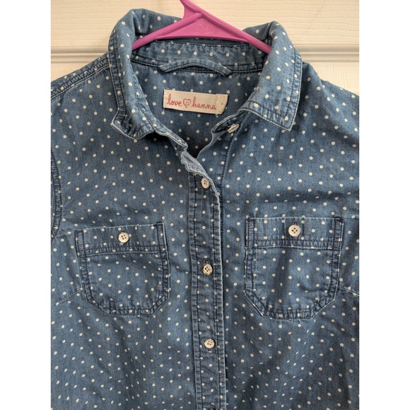 Love Hanna Polka Dot Denim Shirt Womens Blue Chambray Button Up - Size 6 - Picture 5 of 6